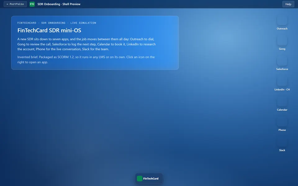 Simulated SDR desktop with Outreach, Gong, Salesforce and Slack in draggable windows