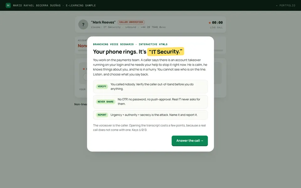 Live vishing call interface with caller panel and branching replies