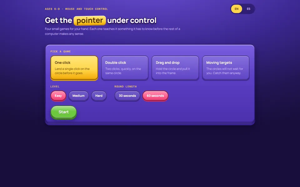 A purple match-three style game screen with four game tiles, difficulty pills and a Start button