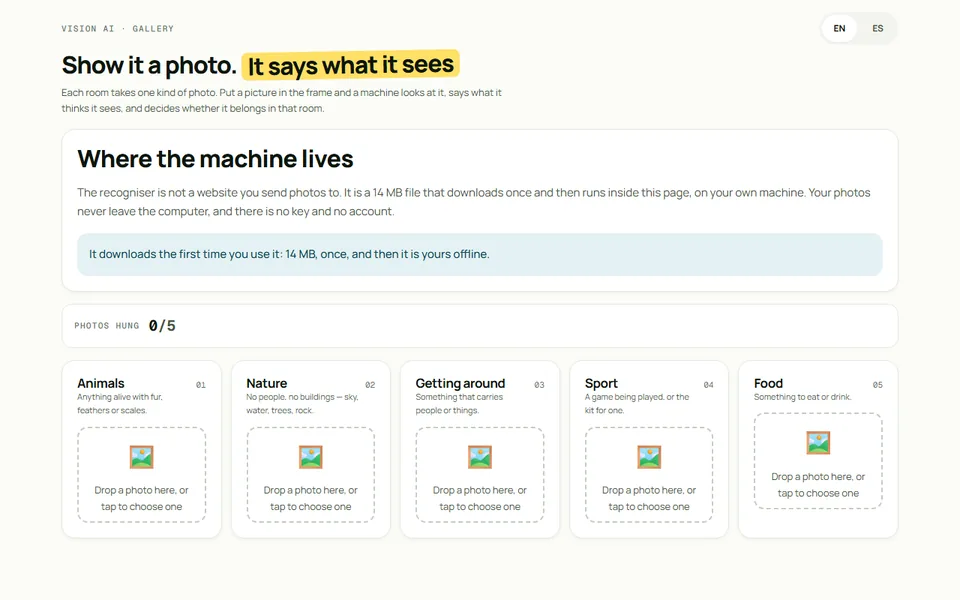 A gallery page where an uploaded photo is named by a recogniser running in the browser